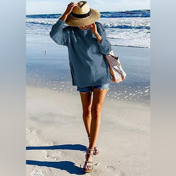 MEROKEETY Women's Casual Crew Neck Side Split Pullover sweater medium - Picture 2 of 12